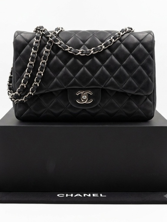 CHANEL Handbags - Chanel Black Jumbo Flap Lambskin Leather Silver Hardware Bag Full Set New in Box